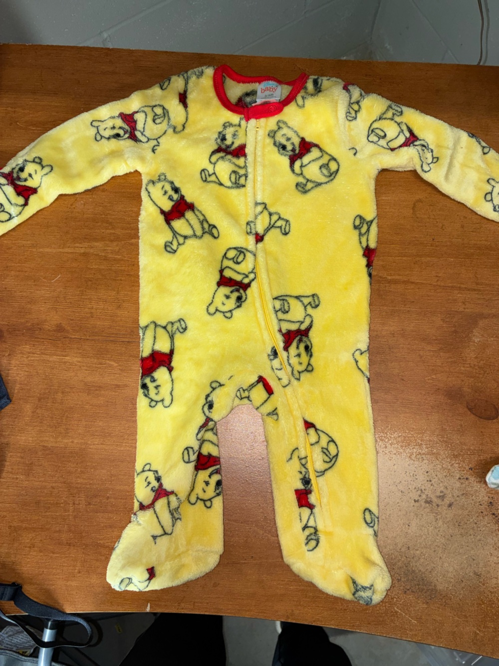 Disney Yellow Winnie the Pooh Fleece Footed One-Piece with Red Accents